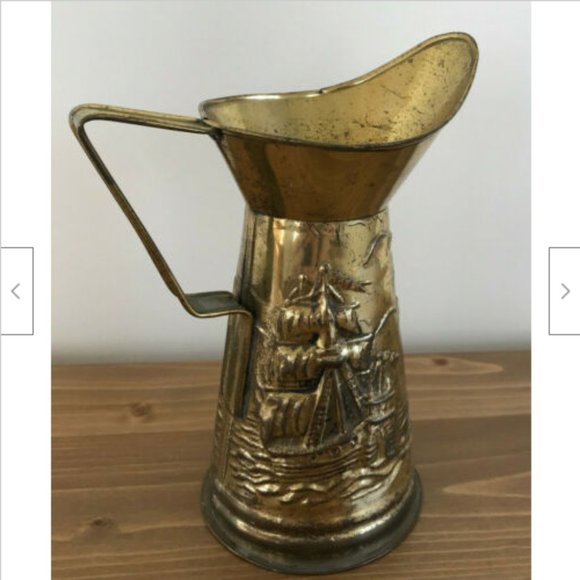 6" Peerage England Brass Pitcher w/ Embossed Nautical Ship Lighthouse Scene - Picture 1 of 8